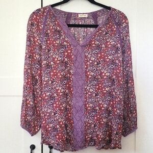 Purple Graphic Blouse with 3/4 Sleeves